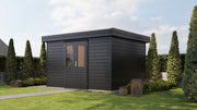 Large, black garden building with double doors. Viewed from the front/right side. 