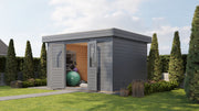 Large, grey garden building with opened double doors. Viewed from front/right side. 