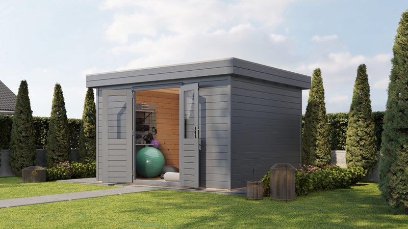 Large, grey garden building with opened double doors. Viewed from front/right side. 