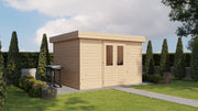Large, wooden garden building with double doors. Viewed from front/left side. 