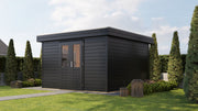 Black, wooden garden building with double doors. Viewed from front/right side. 
