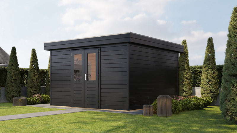Black, wooden garden building with double doors. Viewed from front/right side. 