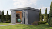 Grey, wooden garden buildiong with double doors. Viewed from front/right side. 