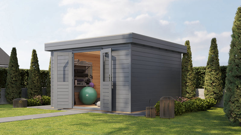 Grey, wooden garden buildiong with double doors. Viewed from front/right side. 