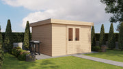 Wooden garden building with double doors. Viewed from front/left side. 