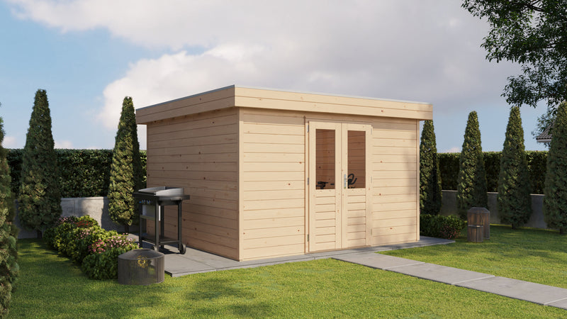 Wooden garden building with double doors. Viewed from front/left side. 