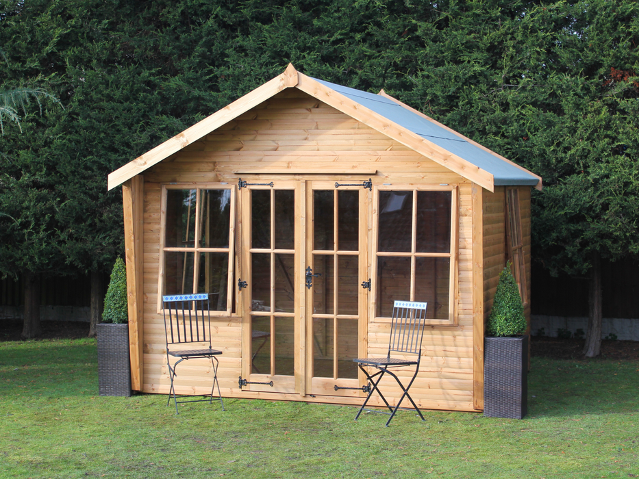 Wooden Summerhouse with double doors and large windows, viewed from the front.