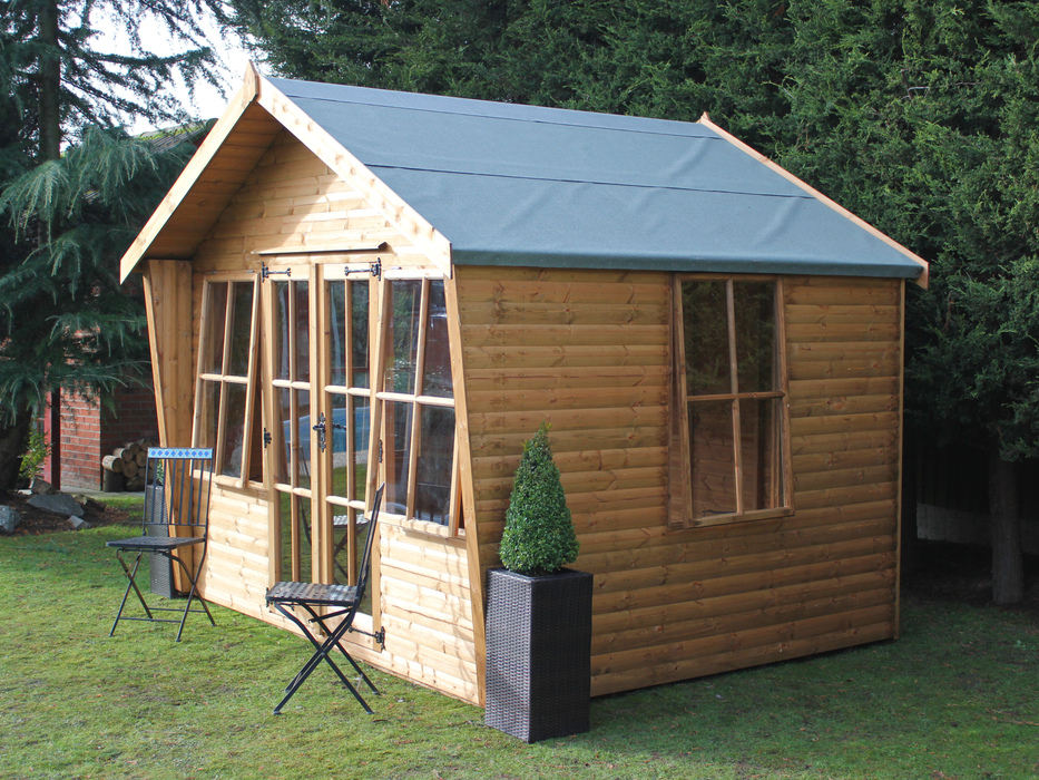 Wooden Summerhouse with double doors and large opening windows viewed from the right side.