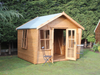 Wooden summerhouse with opened double doors and  large opening windows viewed from the front/left side.