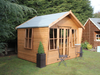 Wooden summerhouse with double doors and large opening windows viewed from the left side.