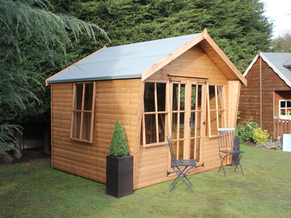 Wooden summerhouse with double doors and large opening windows viewed from the left side.