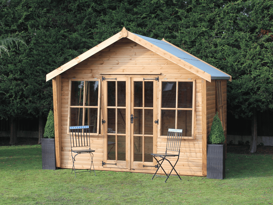 Wooden Summerhouse with double doors and large windows, viewed from the front.