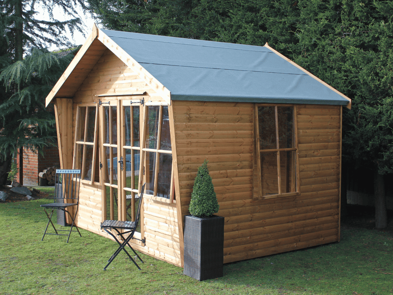 Wooden Summerhouse with double doors and large opening windows viewed from the right side.