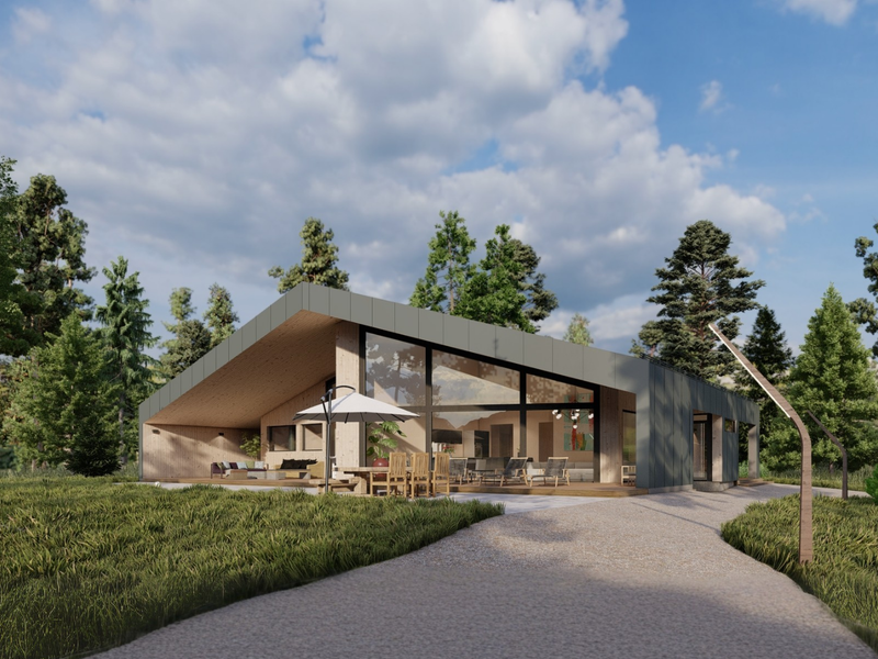 Anna contemporary residential log cabin, viewed from the front