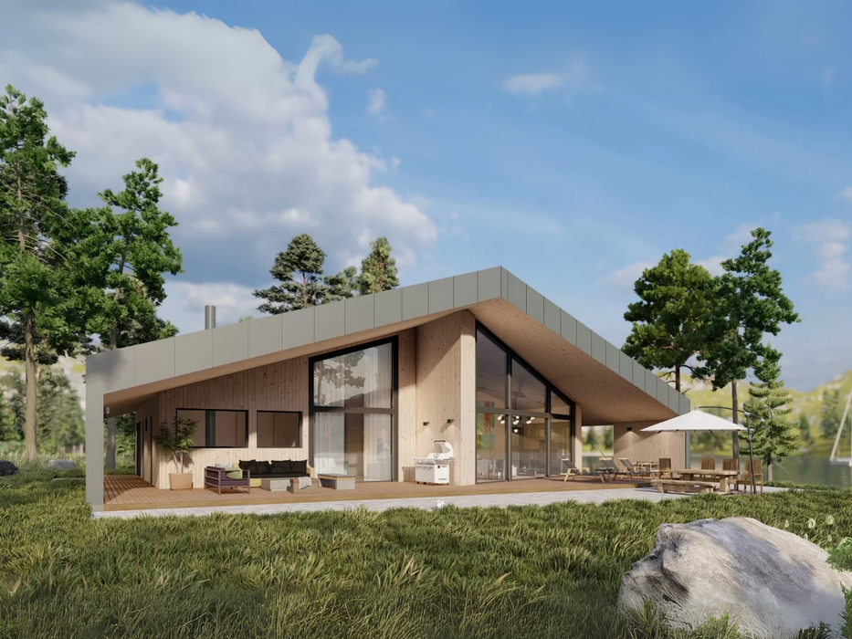 Anna contemporary residential log cabin, viewed from the left