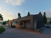 Anna contemporary residential log cabin, viewed from behind the cabin