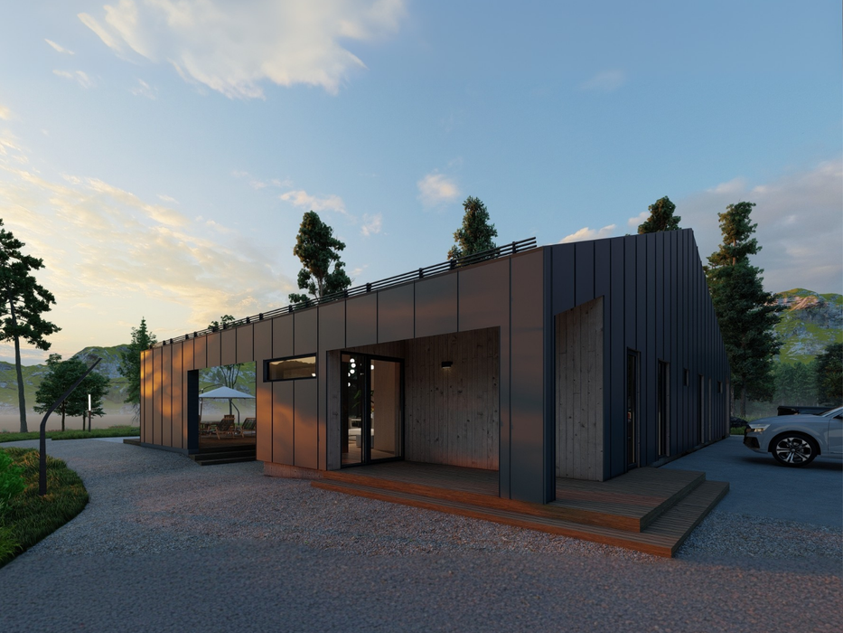 Anna contemporary residential log cabin, viewed from behind the cabin