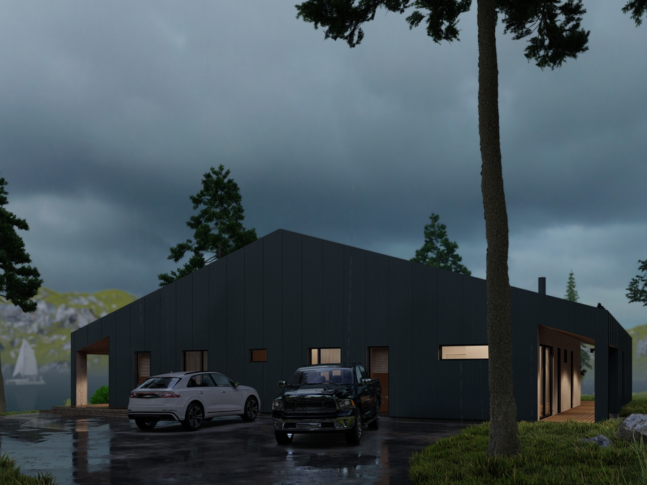 Anna contemporary residential log cabin, viewed from the back of the cabin