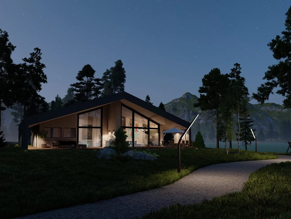 Anna contemporary residential log cabin at night, viewed from the front