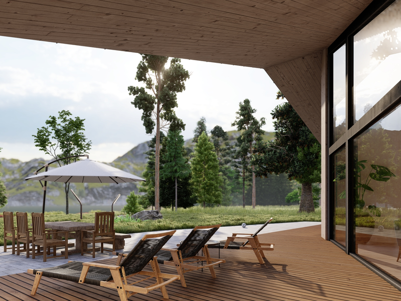 Anna contemporary residential log cabin, viewed from the front patio area