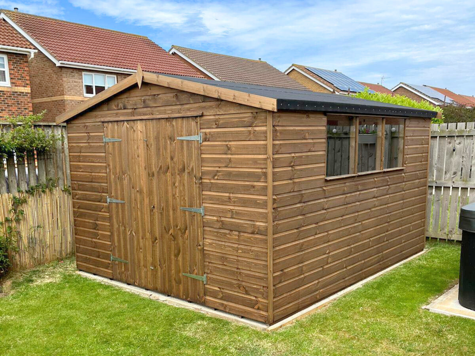 Apex Workshop with double doors and three windows, viewed from an angle to the right