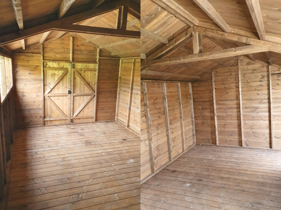 Two side-by-side interior views of an Apex Workshop with double doors and three side windows
