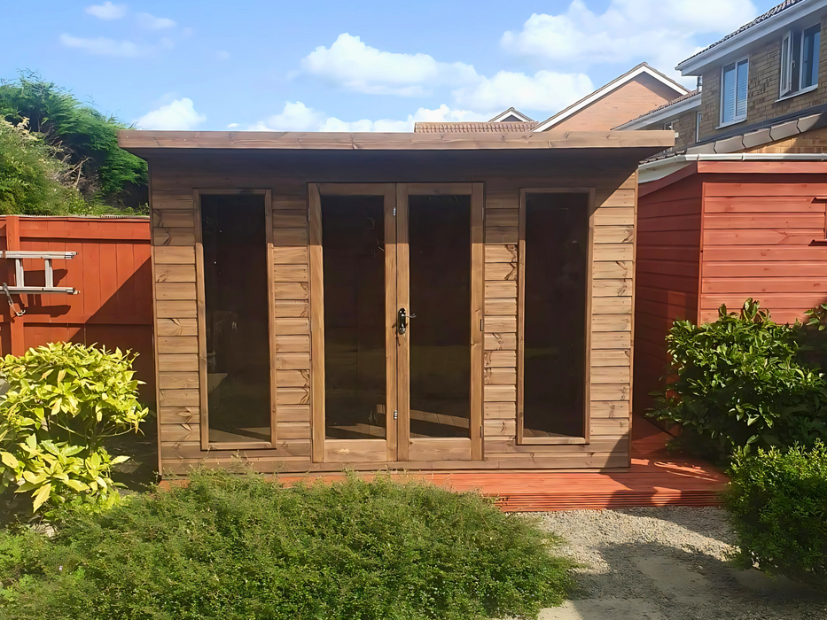 The Auckland Summerhouse with double doors and two opening side windows, viewed from the front 