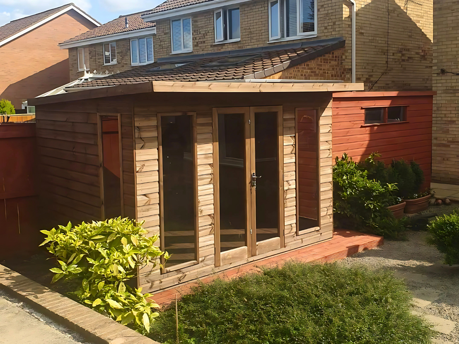 The Auckland Summerhouse with double doors and four opening side windows, viewed from the left