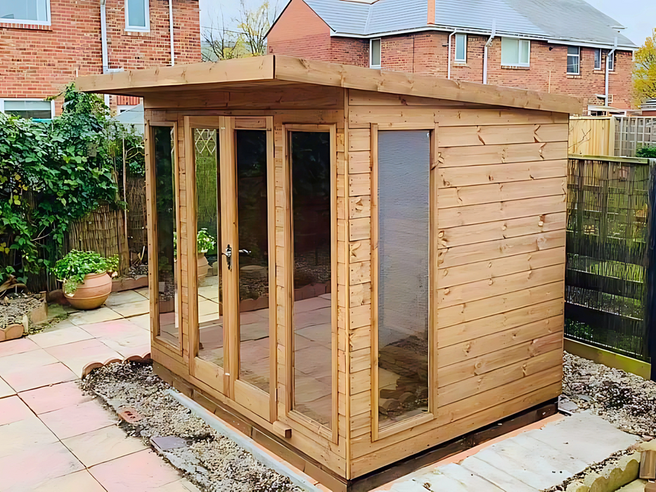 The Auckland Summerhouse with double doors and four opening side windows, viewed from the right 
