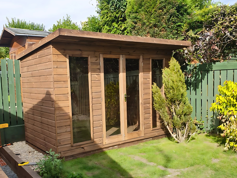 The Auckland Summerhouse with double doors and two opening side windows, viewed from the left