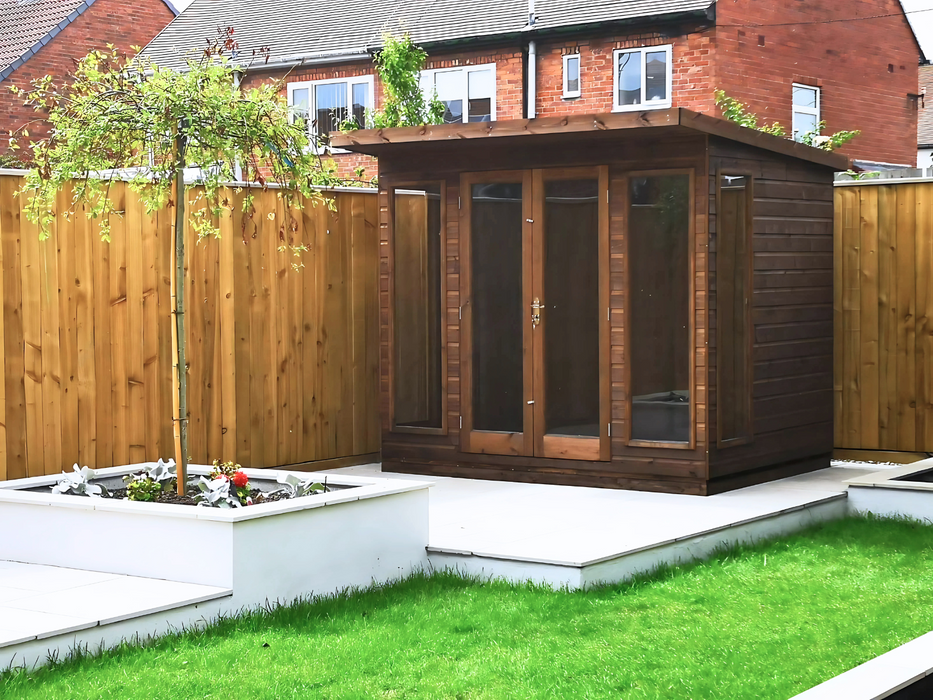 The Auckland Summerhouse with double doors and four fixed side windows, viewed from the right