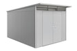 Large AvantGarde steel shed in metallic silver finish with double doors