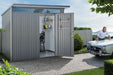 AvantGarde steel shed on a modern driveway in metallic quartz grey finish