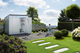 AvantGarde steel shed in a modern garden, in metallic silver finish