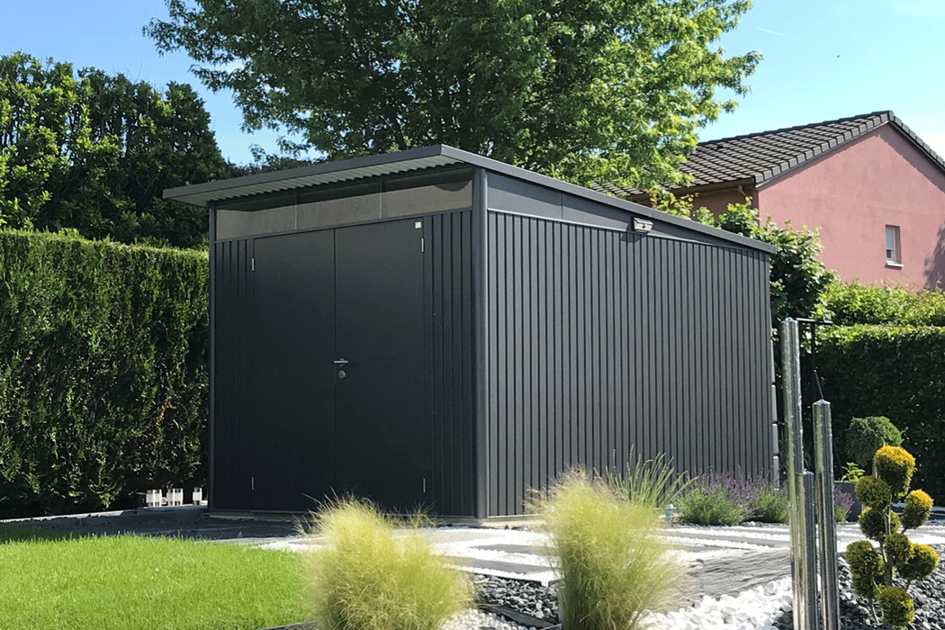 Large AvantGarde steel shed in metallic dark grey finish