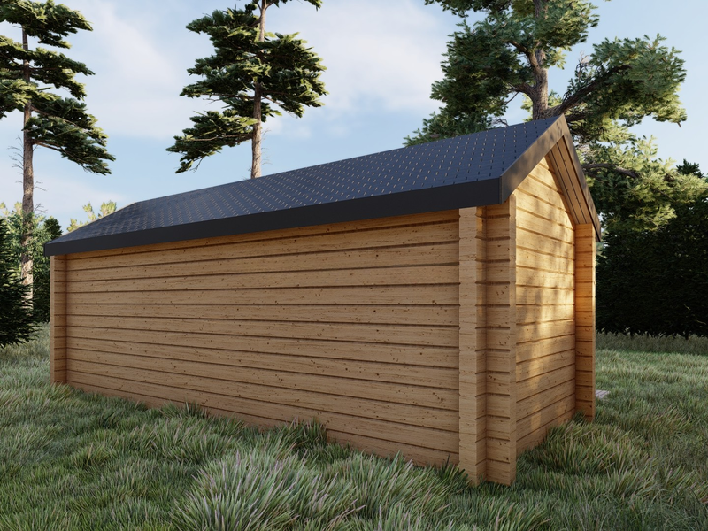 Aveli residential log cabin, viewed from behind the cabin