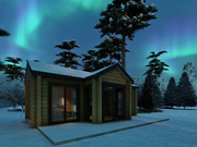 Aveli residential log cabin in a snowy landscape, viewed from the left