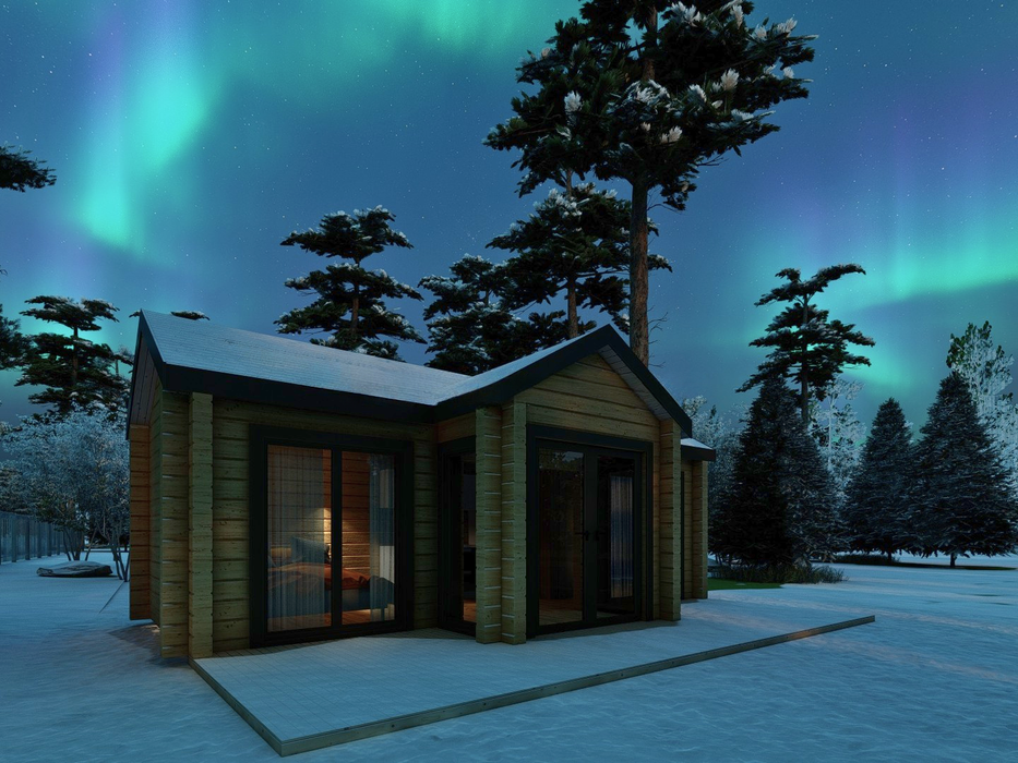 Aveli residential log cabin in a snowy landscape, viewed from the left