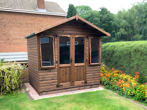 The Bamburgh Summerhouse with double doors and two opening side windows, viewed from the front 