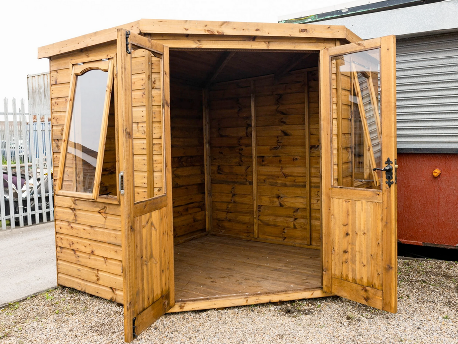 Beaumont Corner Summerhouse viewed from the front, featuring open double doors and two opening side windows