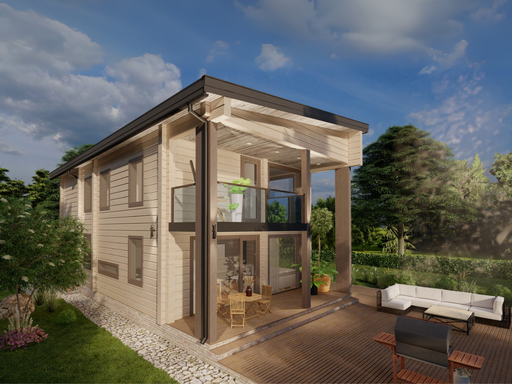 Bob two-storey residential log cabin, viewed from the front