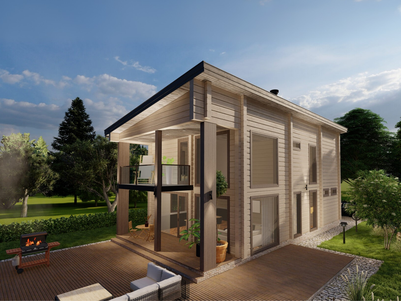 Bob two-storey residential log cabin, viewed from the front