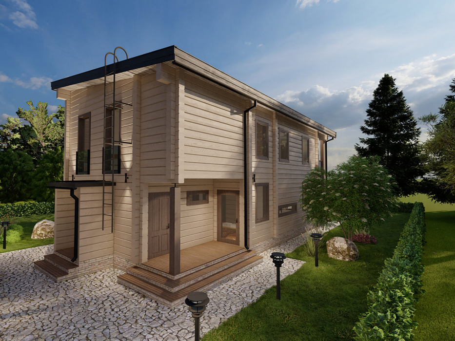 Bob two-storey residential log cabin, viewed from behind the cabin