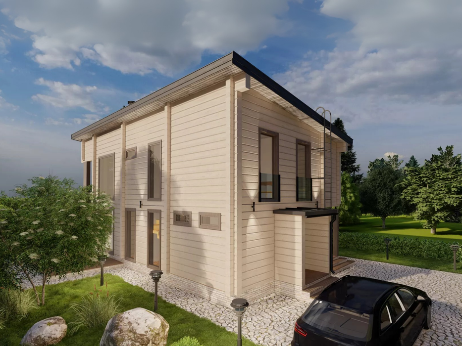 Bob two-storey residential log cabin, viewed from the back of the cabin