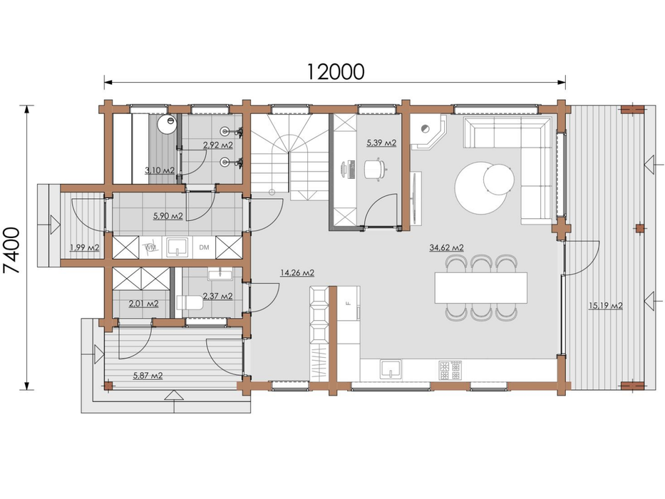 Bob two-storey residential log cabin ground floor floorplan with measurements