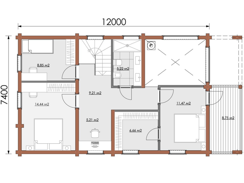 Bob two-storey residential log cabin upper floor floorplan with measurements