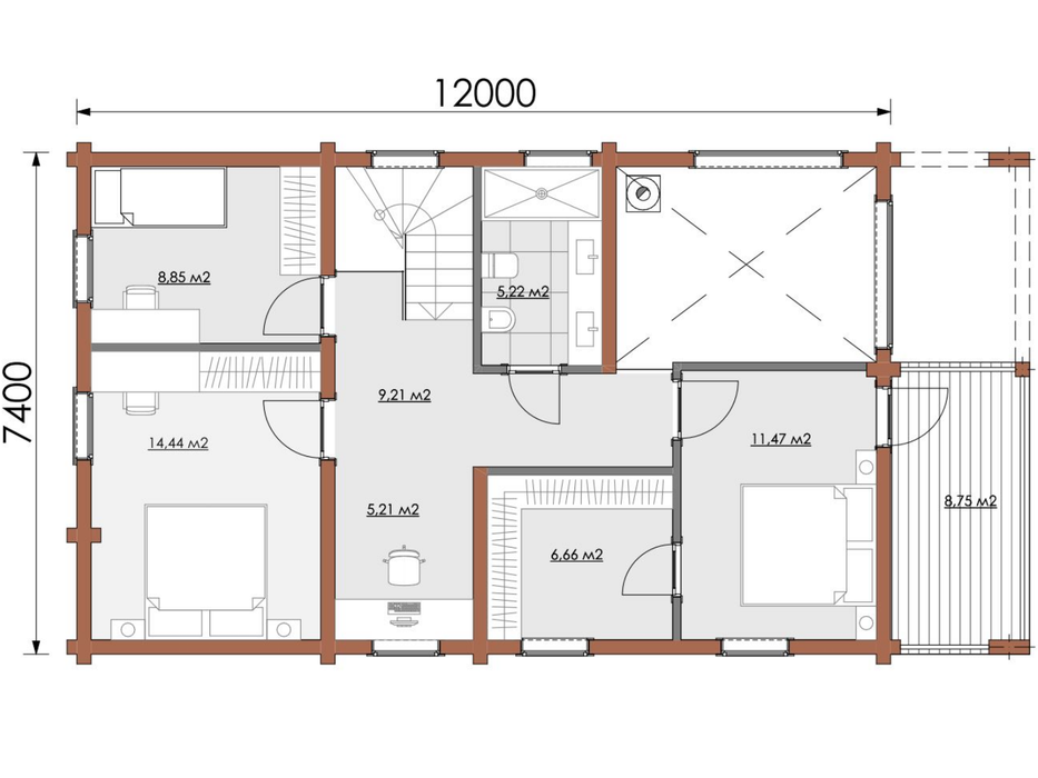 Bob two-storey residential log cabin upper floor floorplan with measurements