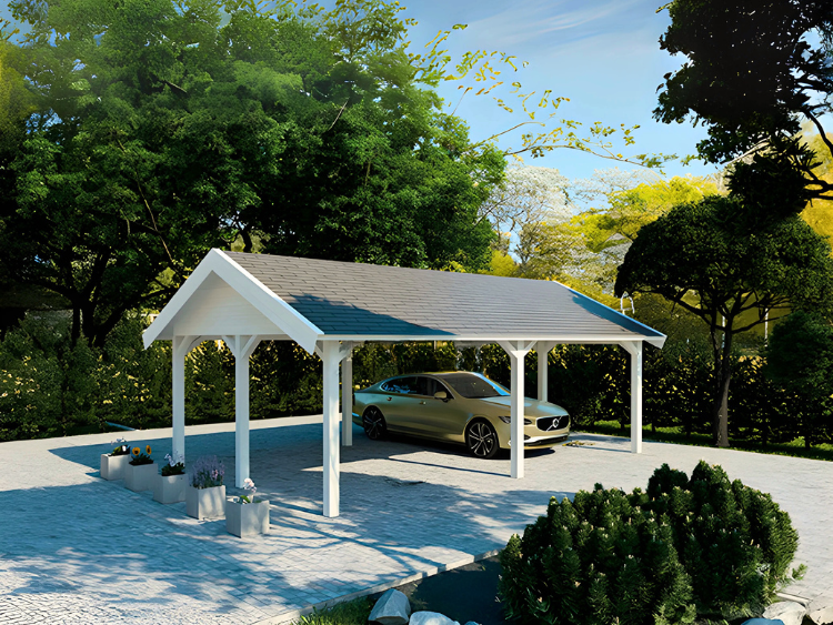CP6 Carport painted in white and viewed from the front