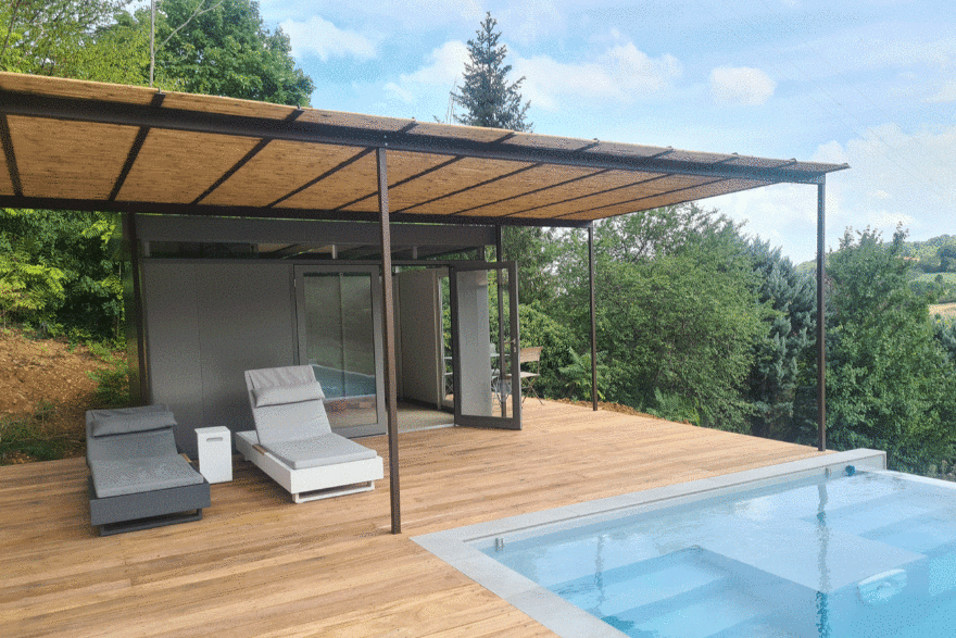 CasaNova steel garden building being used by a happy customer as a pool house