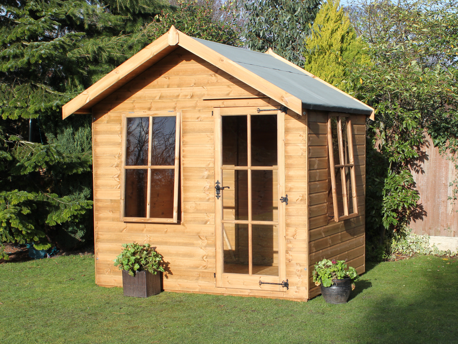 Wooden Summerhouse with single door with windows, large opening windows, one on the side, viewed from the front. 